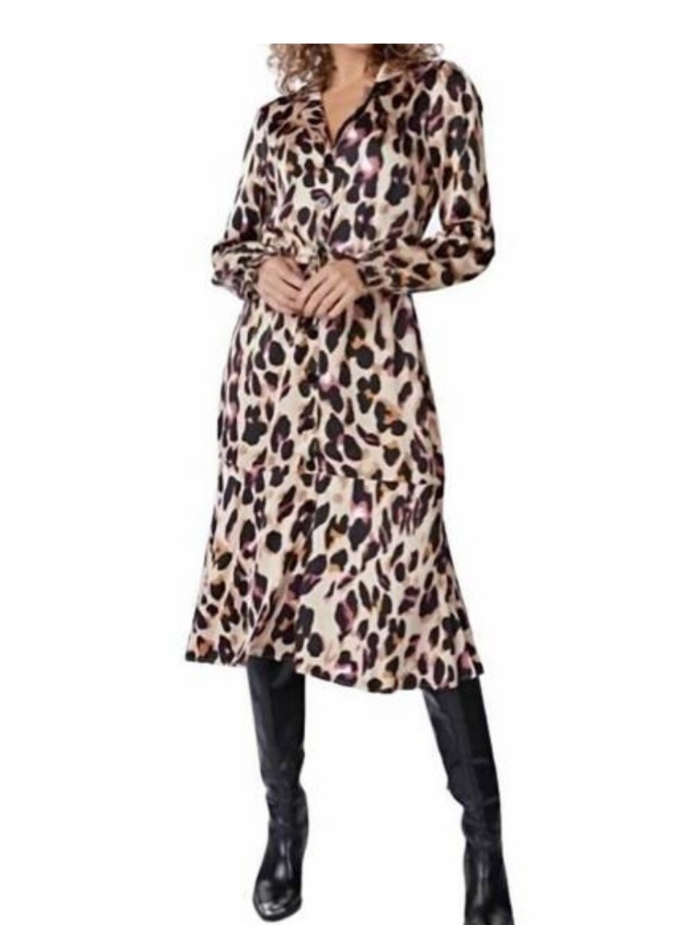Esqualo Run Wild Leopard Print Collared Shirt Dress Long Sleeves